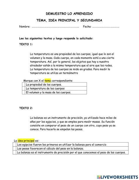 Tema Idea Principal Y Secundaria Worksheet Secundaria Ideas