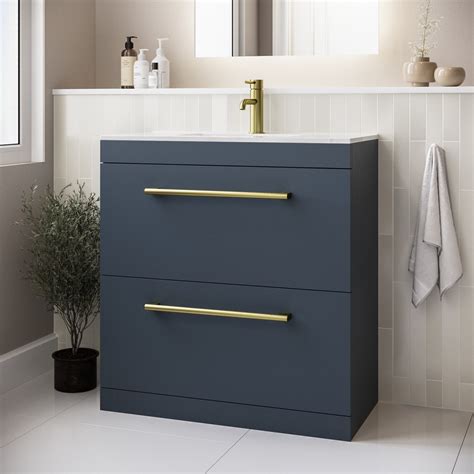 800mm Blue Freestanding Vanity Unit With Basin And Brass Handle Ashford Better Bathrooms