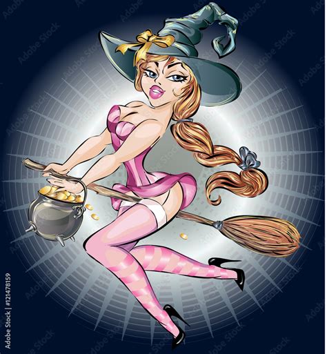 Pin Up Sexy Witch Woman Flying On Broom Halloween Costume Vector