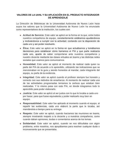 Valores UANL Y Contexto DE LA Empresa VALORES DE LA UANL Y SU