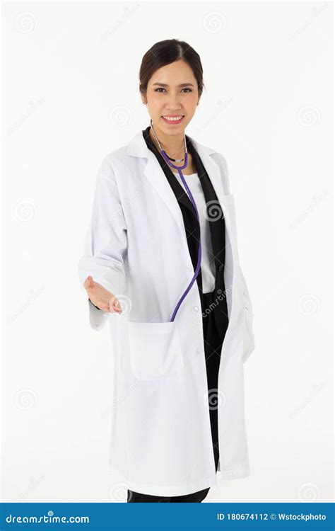 Portrait Of Asian An Attractive Young Female Doctor In White Coat About