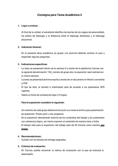 Consigna TA2 Liderazgo 1 Consigna para Tarea Académica 2 Logro a