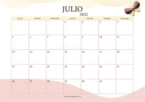 Calendario Julio 2021 Para Imprimir GRATIS Una Casita De Papel