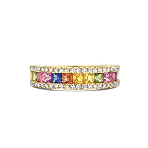 14 Karaat Gouden Ring Met Regenboog Saffier En Diamanten 0 30 Crt