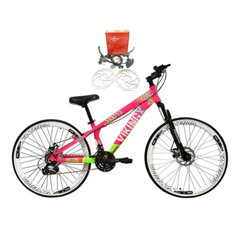 Bicicleta Aro Vikingx Tuff Rosa Verde X V Freio A Disco