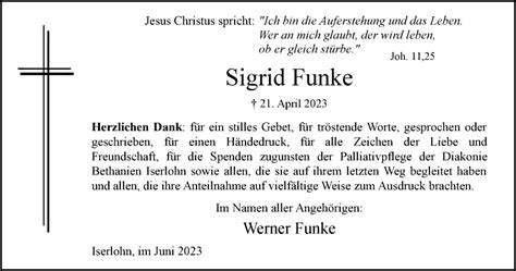 Traueranzeigen Von Sigrid Funke Trauer In Nrw De