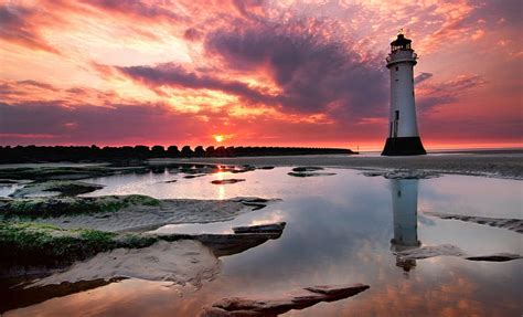 Wonderful lighthouse at sunset, lighthouse, tidal pools, clouds, sunset ...