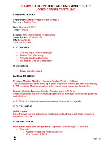 Free Action Items Meeting Minutes Template Pdf Word Eforms