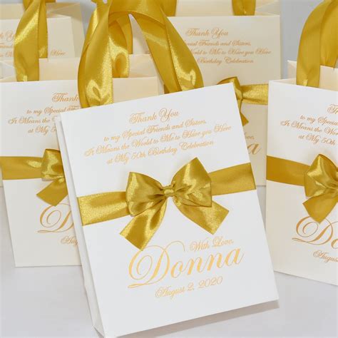 30 Elegant Ivory And Gold Birthday Party Bags For Your Guests With Satin Ribbon Handles Bow And