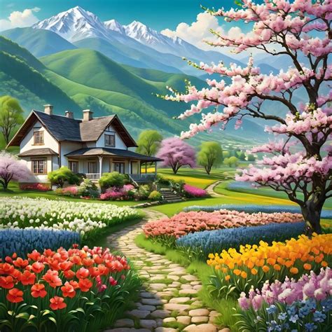 Premium Photo | House in spring green field many flowers