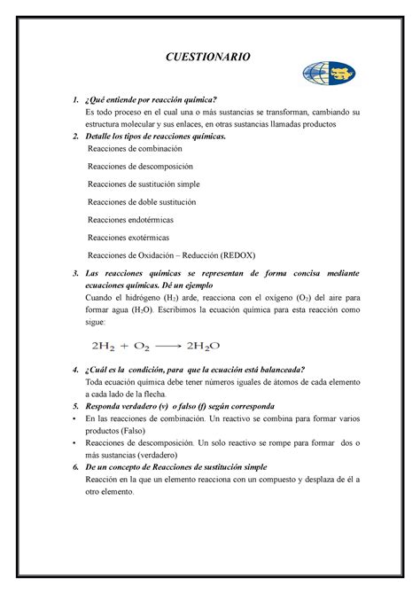 Cuestionario Qu Mica Cuestionario Qu Entiende Por Reacci N