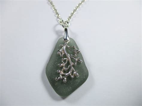 Genuine Sea Glass Necklace Sterling Silver Chain Floral Branch Etsy