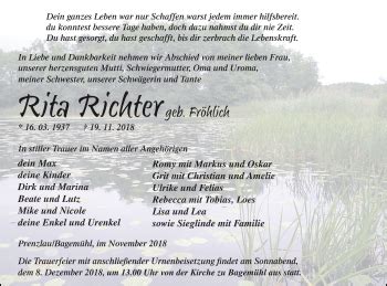 Traueranzeigen Von Rita Richter Trauer Nordkurier