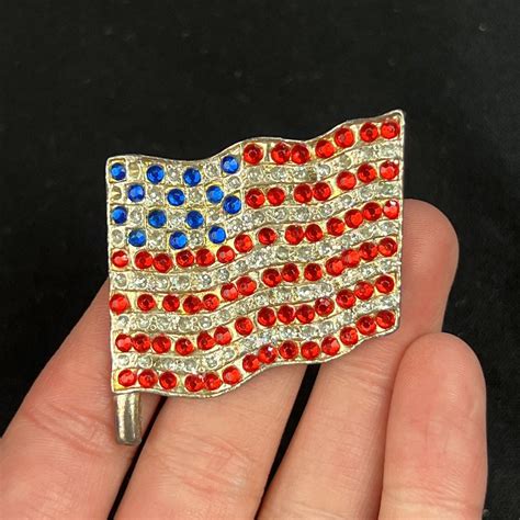 Vintage American Flag Red White Blue Rhinestone Brooc Gem