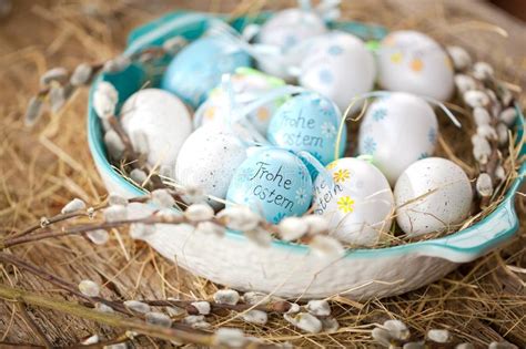 Easter Pussy Willow And Blue Easter Egg On Wooden Background Ha Stock
