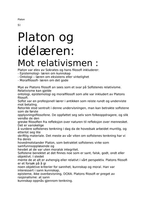 Platon Forelesning Platon S Platon Og Id L Ren Mot Relativismen