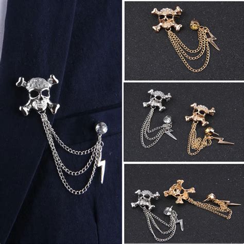 2 Colors Punk Style Fashion Gold Silver Brooch Pins Chain Skeleton