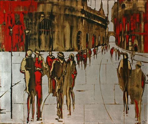 A Painting Of People Walking Down A Street In Front Of Tall Buildings