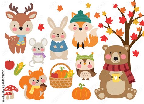 Cute fall woodland animals including a bear, deer, fox, mouse, rabbit ...