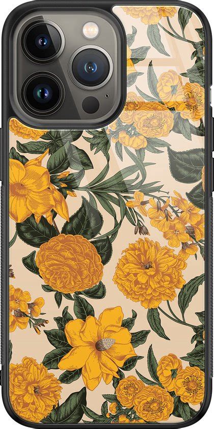 Apple IPhone 13 Pro Max Hoesje Glas Retro Flowers Hard Case Zwart