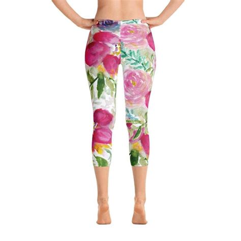 Red Rose Floral Capris Tights Designer Capri Leggings Active Wear Outfit Made In Usa Floral