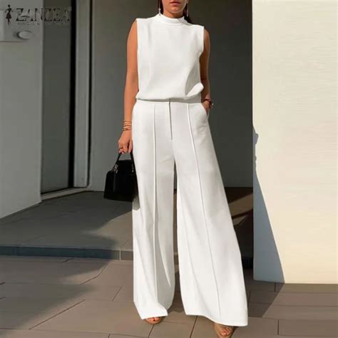 Zanzea Womens 2pcs Sets Elegant Stand Neck Sleeveless Tank Blouse Wide Leg Loose Straight Pants