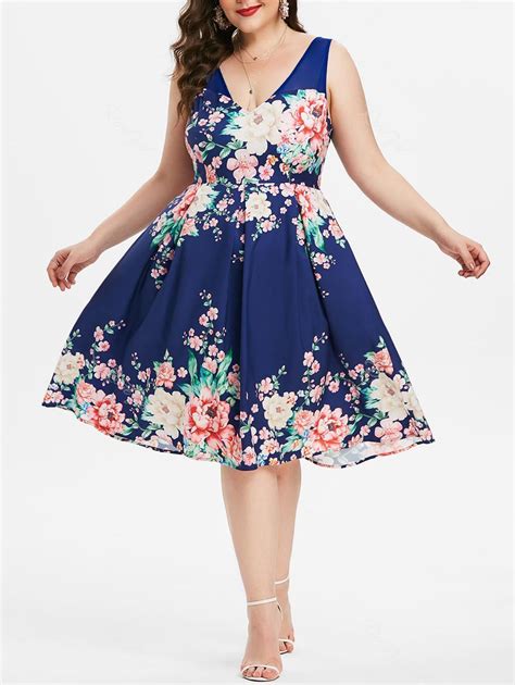 Plus Size Plunging Neckline Floral Print Party Dress Off Rosegal