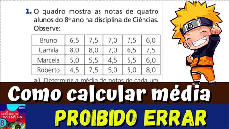 1 Como calcular Média 1 O quadro mostra as notas de quatro alunos do