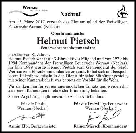 Traueranzeigen Von Helmut Pietsch Zeit Des Gedenkens De