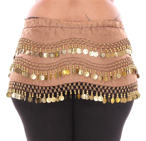 Plus Size 1X 4X Mocha Chiffon Belly Dance Hip Scarf With Gold Coins