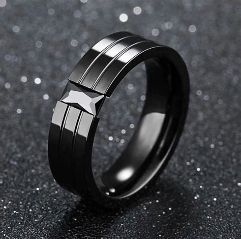 Mens Black Titanium Ring With Tension Set Zircon Wedding Band Etsy