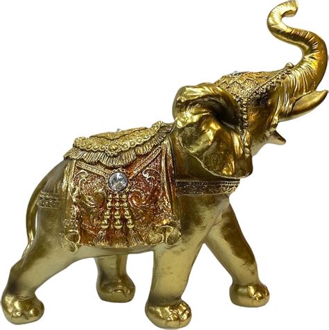 9 Inch Gold Tone Elephant Trunk Upwards Up Statue Figurine Collectible Feng Shui