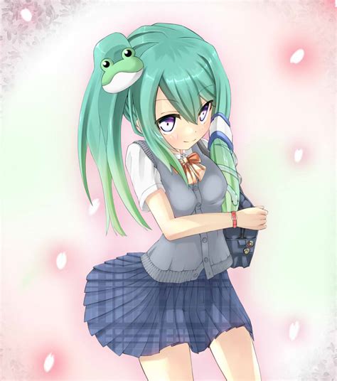 Safebooru Bag Blue Eyes Blush Bowtie Breasts Cardigan Frog Frog Hair