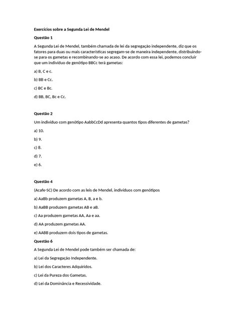 Exercícios Sobre Segunda Lei De Mendel - Exercícios sobre a Segunda Lei de Mendel | PDF | Evolução biológica ...
