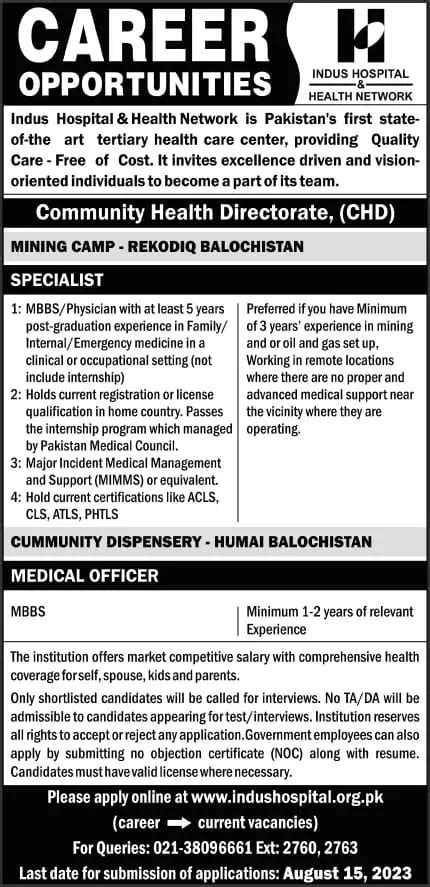 Indus Hospital And Health Network Balochistan Jobs 2023