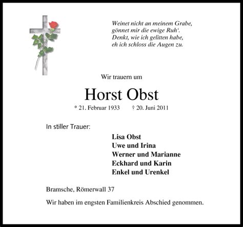 Traueranzeigen Von Horst Obst Noz Trauerportal