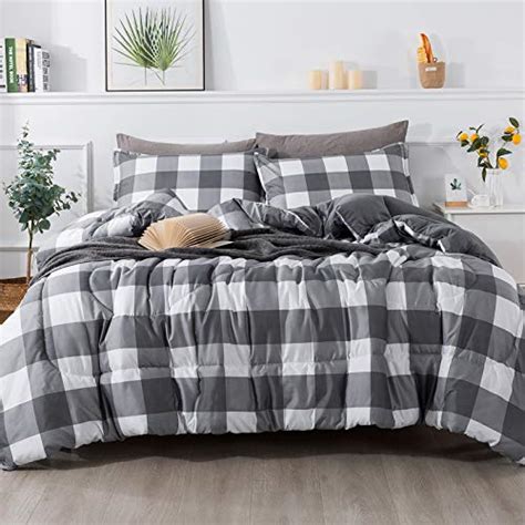 Andency Queen Comforter Set Grey Plaid 90x90 Inch 3 Pieces 1 Plaid