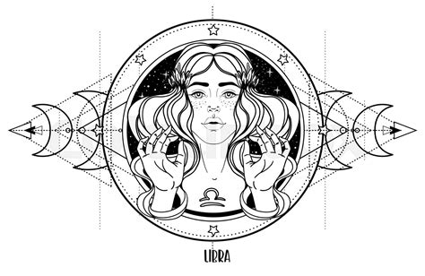 Illustration Of Libra Astrological Sign As A Beautiful Girl Over Sacred Geometry Frame Zodiac