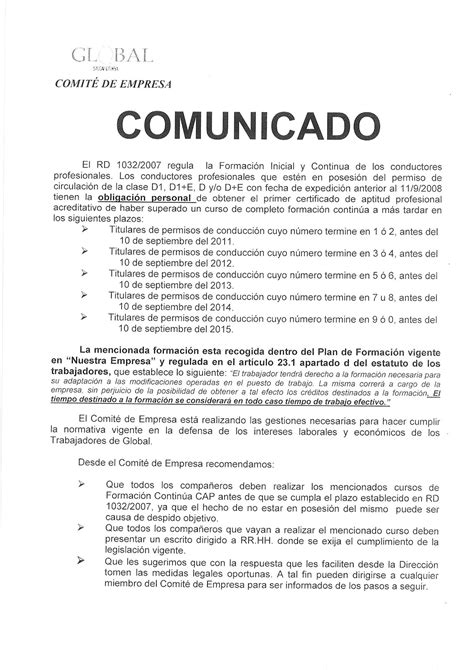 Comité de Empresa Global Salcai Utinsa Comunicado del Comite de