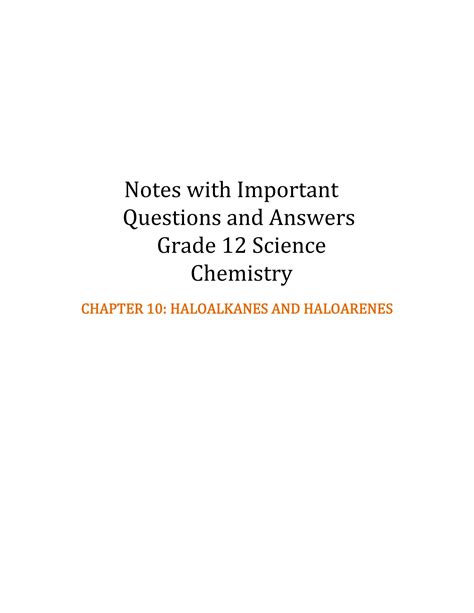 SOLUTION: Chapter 10 Haloalkanes and Haloarenes Notes for Grade 12
