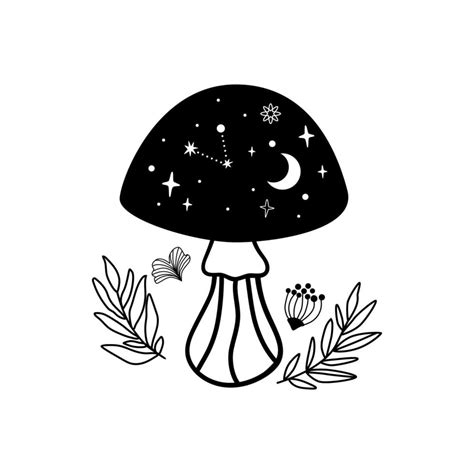 Celestial mushroom. Mystical boho mushroom with stars, moon. Black ...