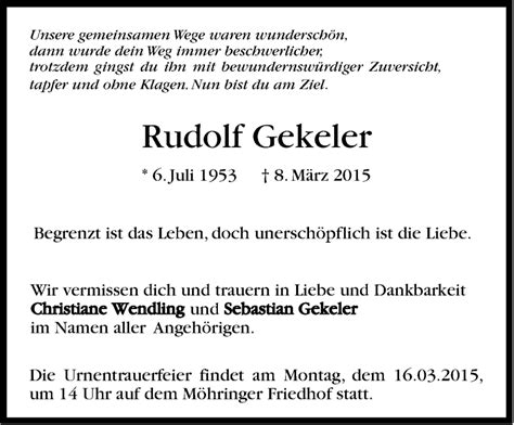 Traueranzeigen Von Rudolf Gekeler Stuttgart Gedenkt De