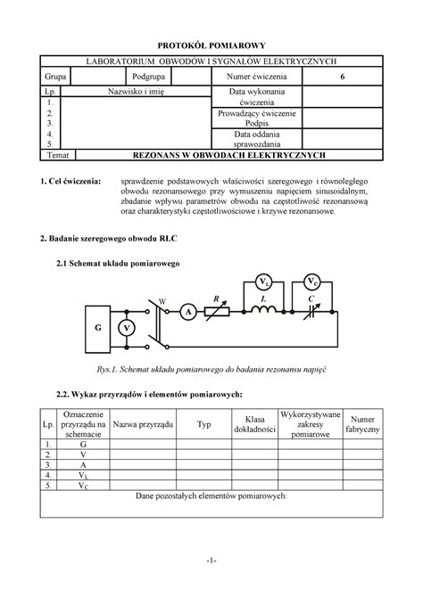 E Protokol Asdasdasd Protok Pomiarowy Laboratorium Obwod W I