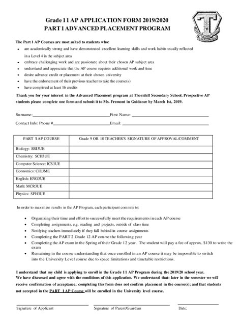 Fillable Online Grade 11 Ap Application Form 20192020 Part 1 Fax Email Print Pdffiller