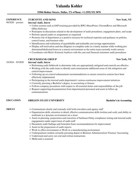 Internal Audit Intern Resume Samples Velvet Jobs