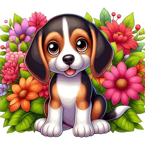 Premium Vector Cute Beagle Puppy And Flowers Vector Cartoon Illustration