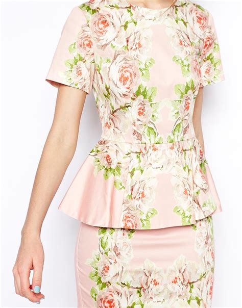 Asos Premium Floral Peplum Dress In Pink Lyst