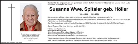 Traueranzeigen Von Susanna Spitaler Trauer Bz