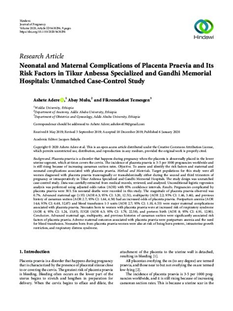 (PDF) Neonatal and Maternal Complications of Placenta Praevia and Its ...