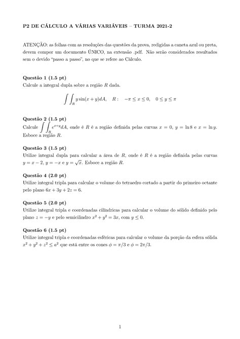 Calculo Ii Funções De Várias Variáveis Prova P2 De CÁlculo A